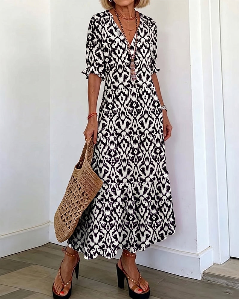Robe Col En V Manches Mi-Longues Volant Coupe A