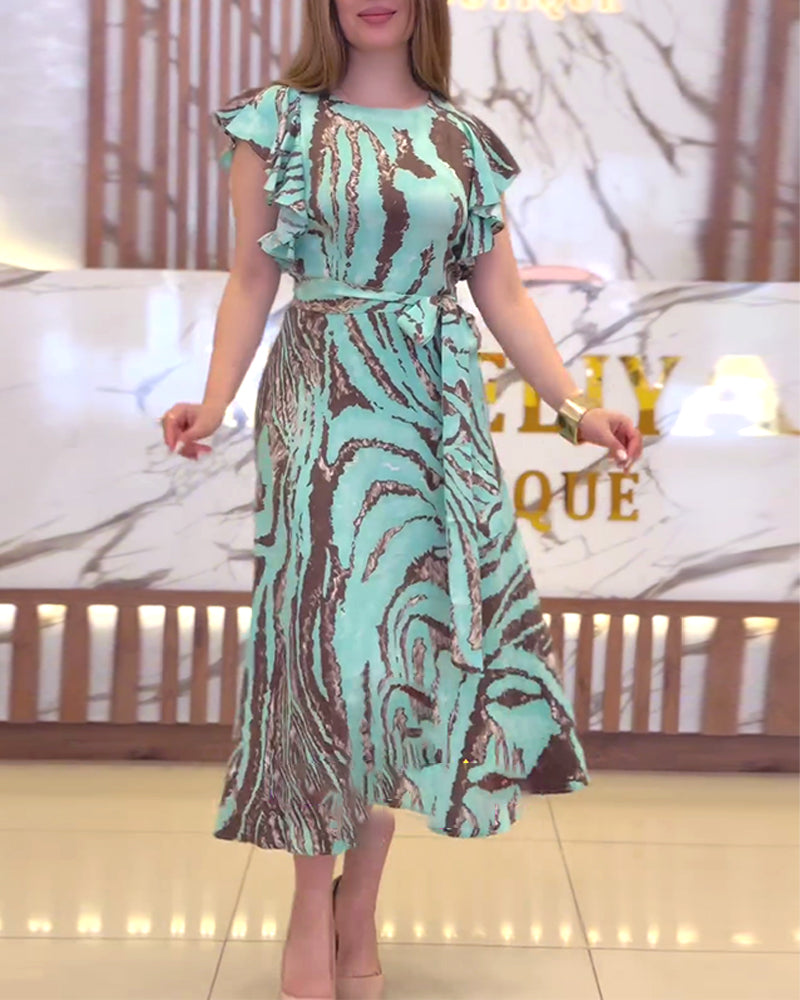 Robe élégante à volants et imprimé contrasté