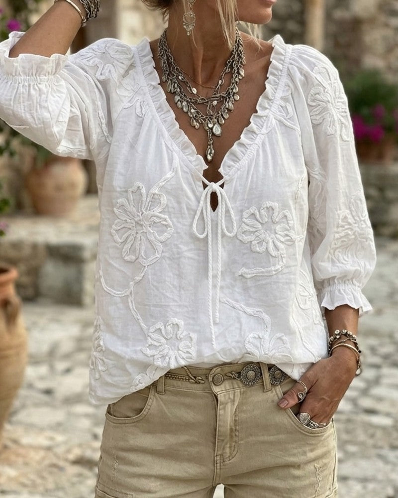 Blouse Col V Enveloppe Cravate Volantée