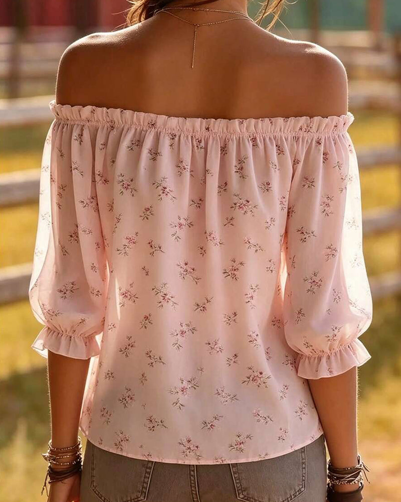Blouse Off-Shoulder Florale Manche Trois Quarts