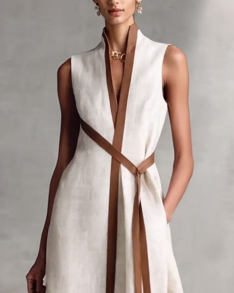 Robe Contraste Couleur Sans Manches Maxi