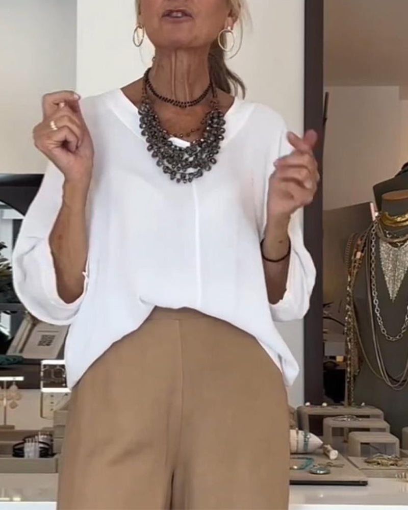 Chemisier patchwork décontracté à col en V et manches trois-quarts de couleur unie