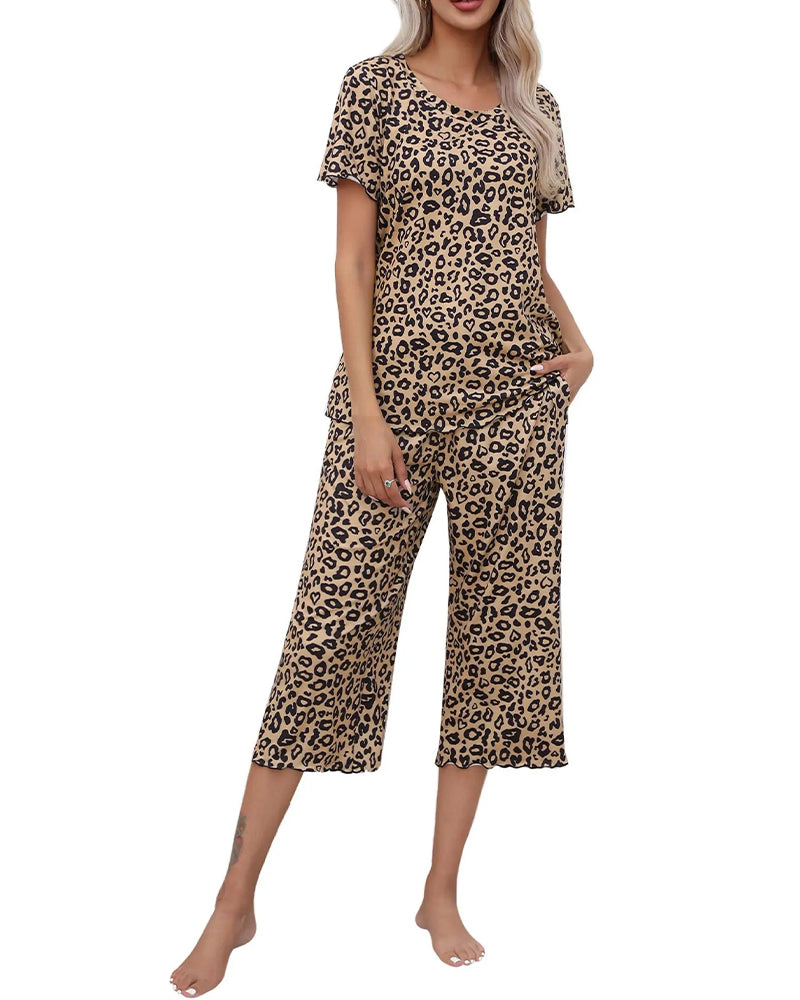 Ensemble Col Rond Imprimé Léopard Manche Courte Pantalon Sept-Points