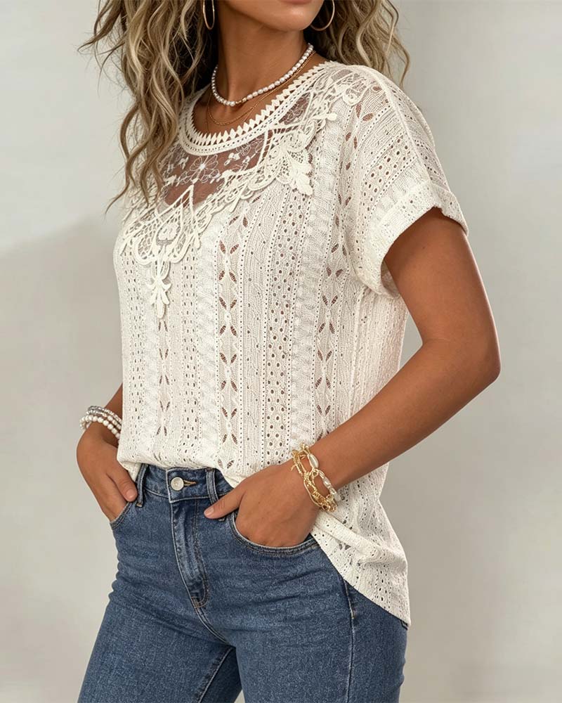 T-Shirt Dentelle Ajourée Uni Manches Courtes