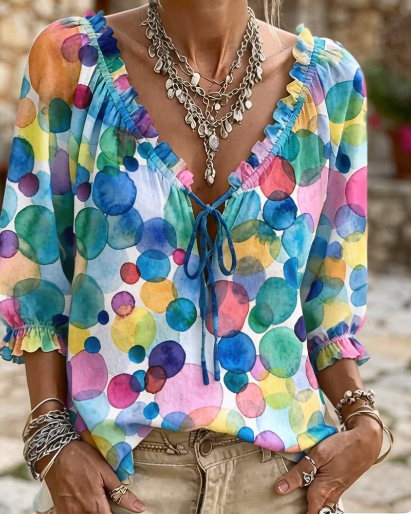 Blouse Col V À Manches À Volants