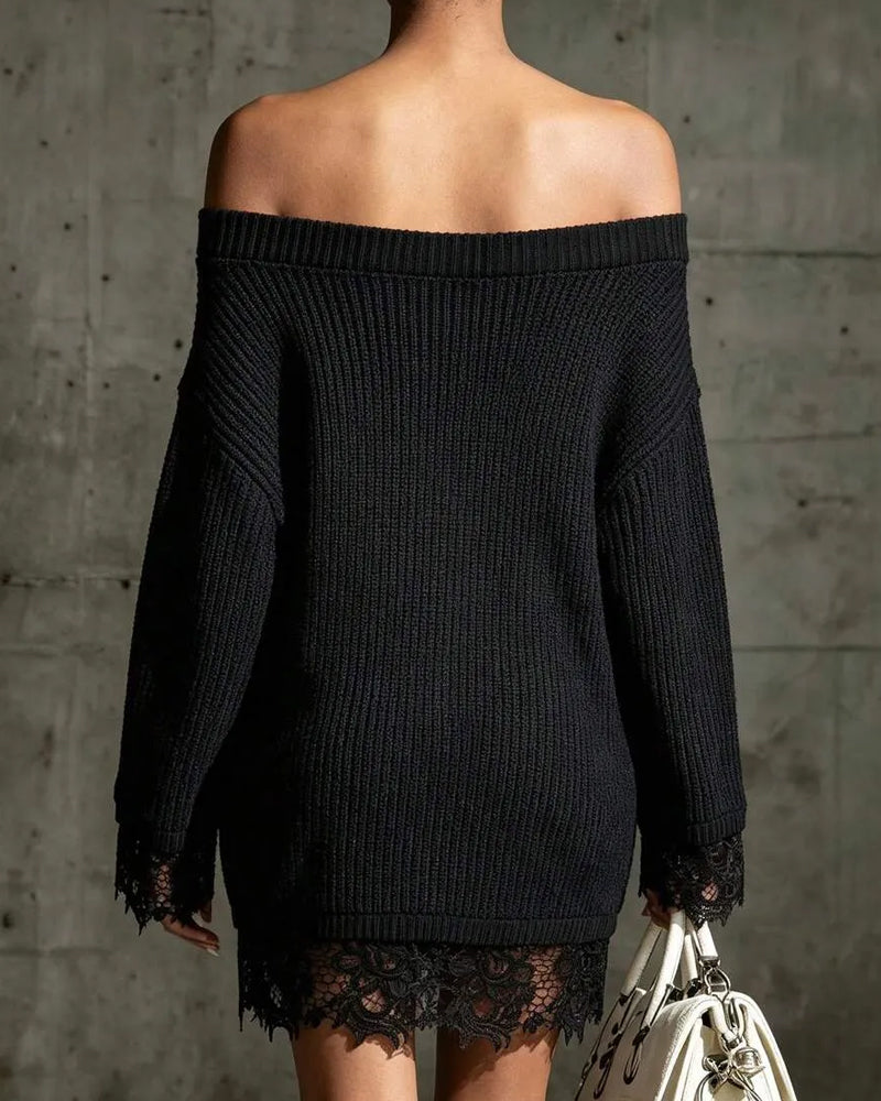 Robe Pull Col Dégagé Côtelé Dentelle Patchwork