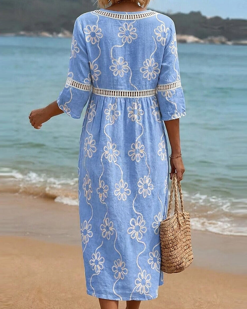 Robes Col V Découpe Patchwork Floral Ample