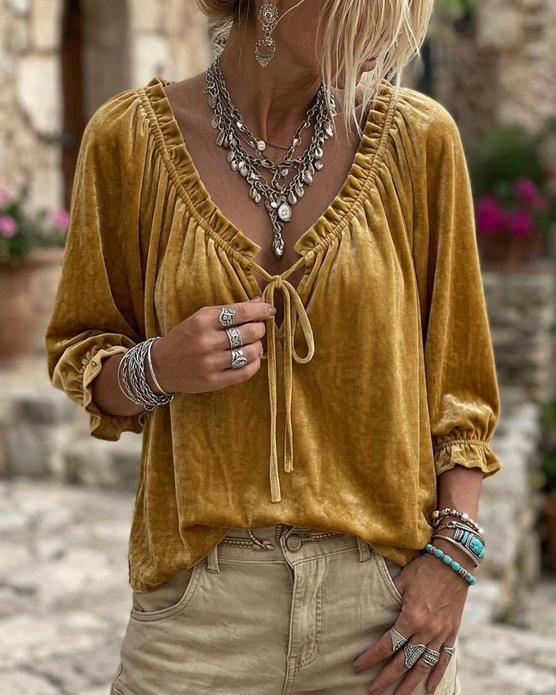 Blouse Cordon De Serrage Velours Manches Courtes
