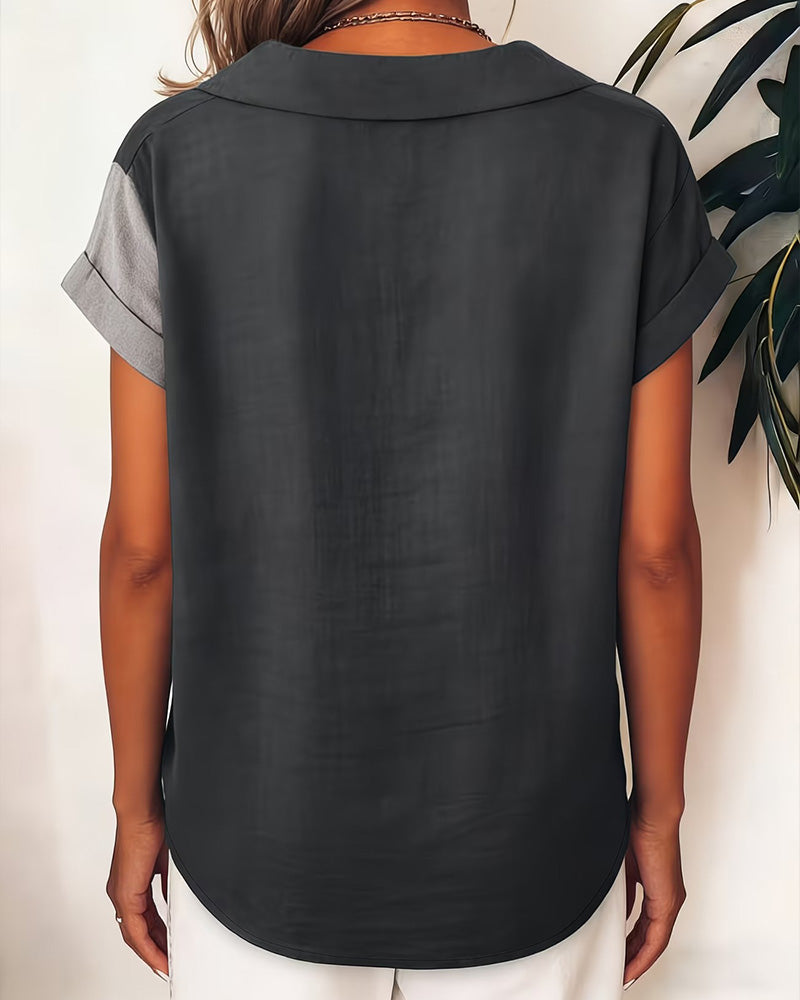Chemise À Revers Bloc Couleur Manches Courtes