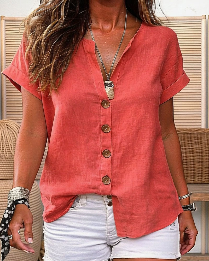 Chemise Encolure V À Un Rang Manche Courte