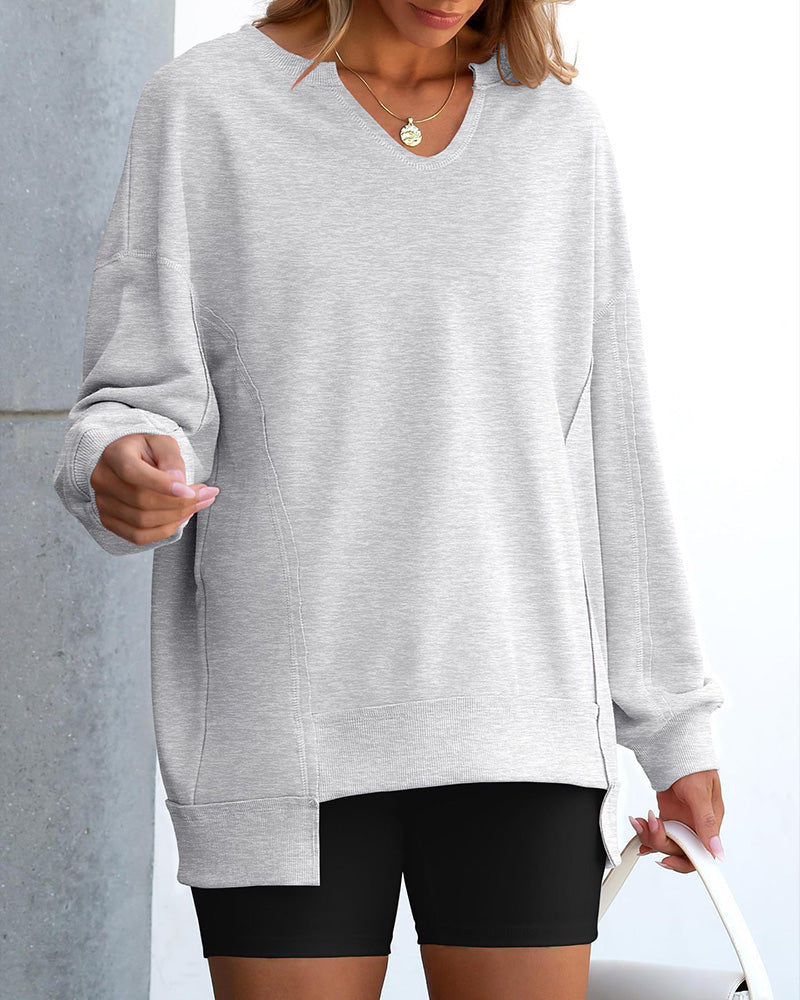 Sweat Petit Col V Ample Décontracté Manches Longue