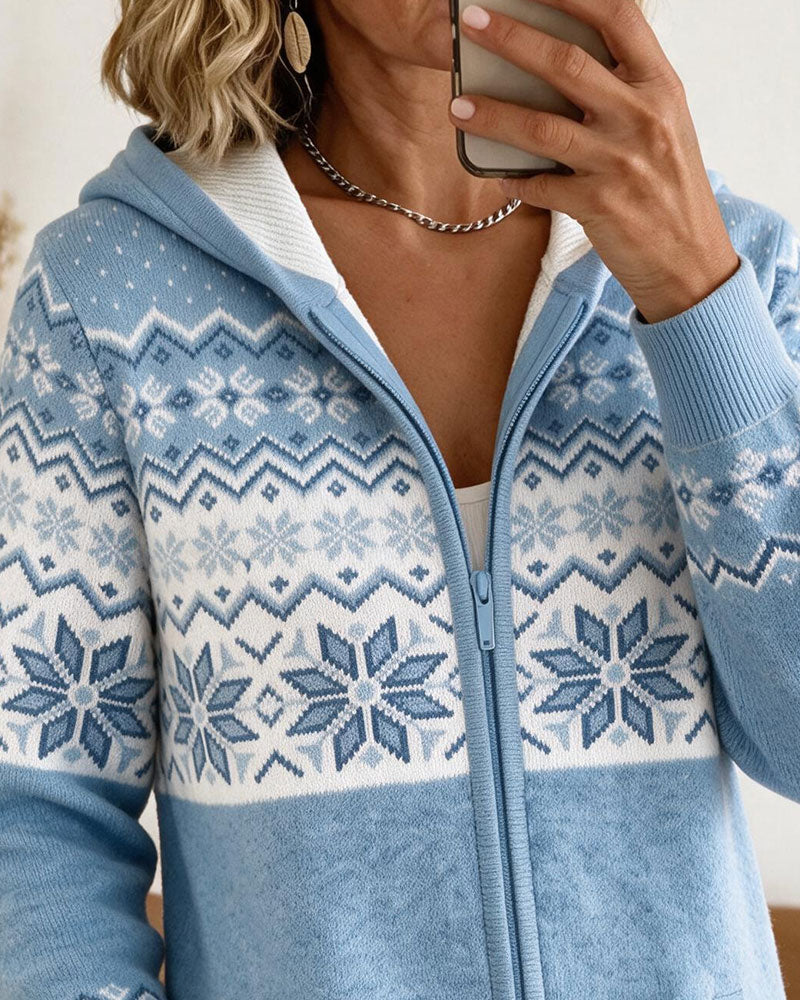 Cardigan À Capuche Fermeture Éclair Flocon De Neige Imprimé