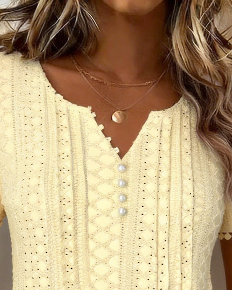 Blouse À Col En V Avec Boutons En Perle Et Dentelle