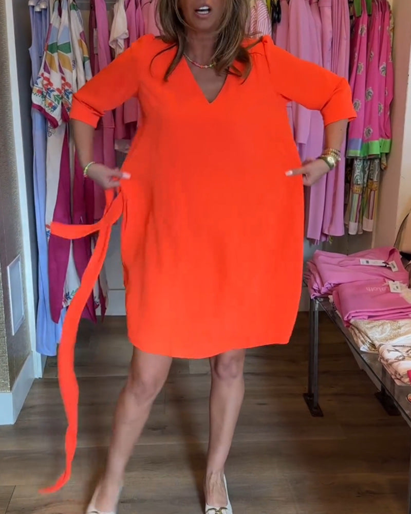 Robe à manches midi de couleur unie avec ceinture