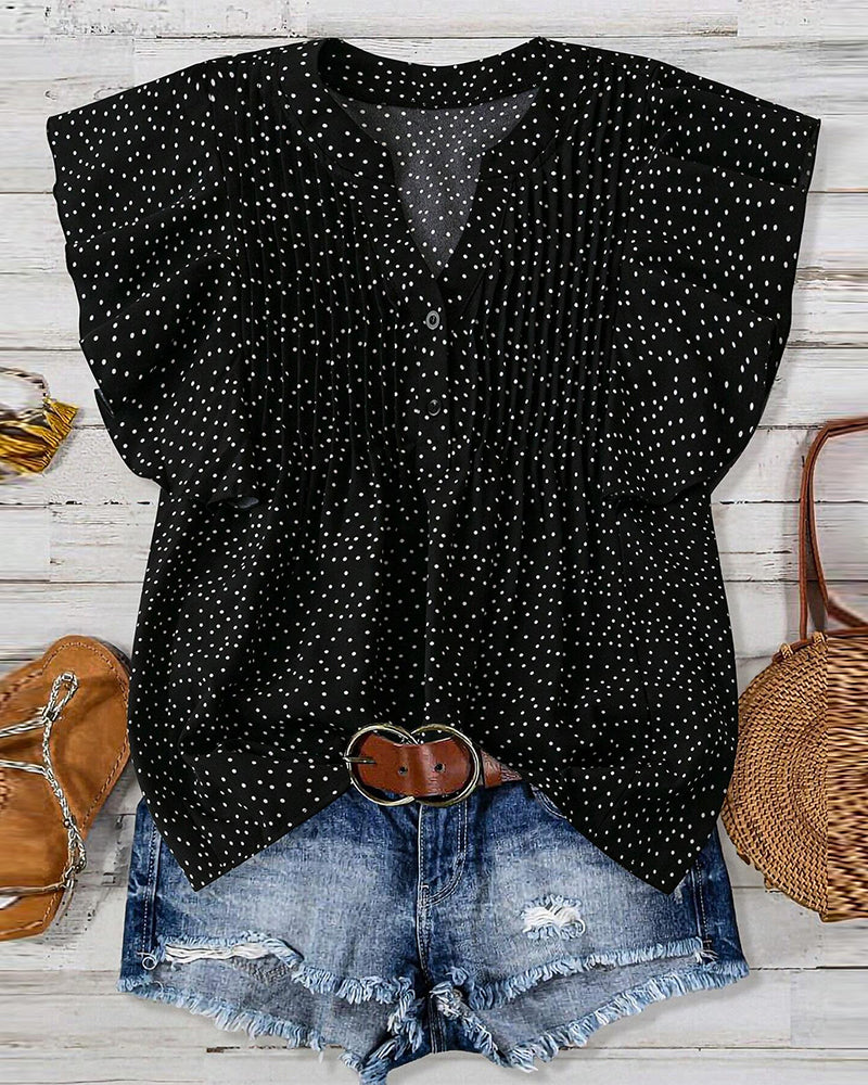 Blouse Manches Volants Col V Pois