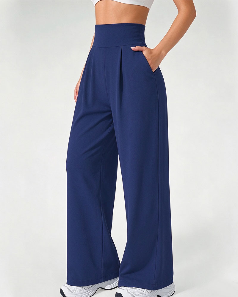 Pantalon Taille Haute Poche Uni Jambe Large