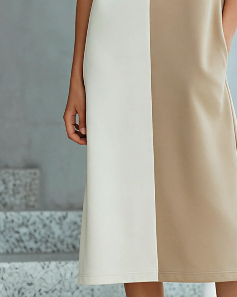 Robe Color-Block Manche Courte Fente Mi-Longueur