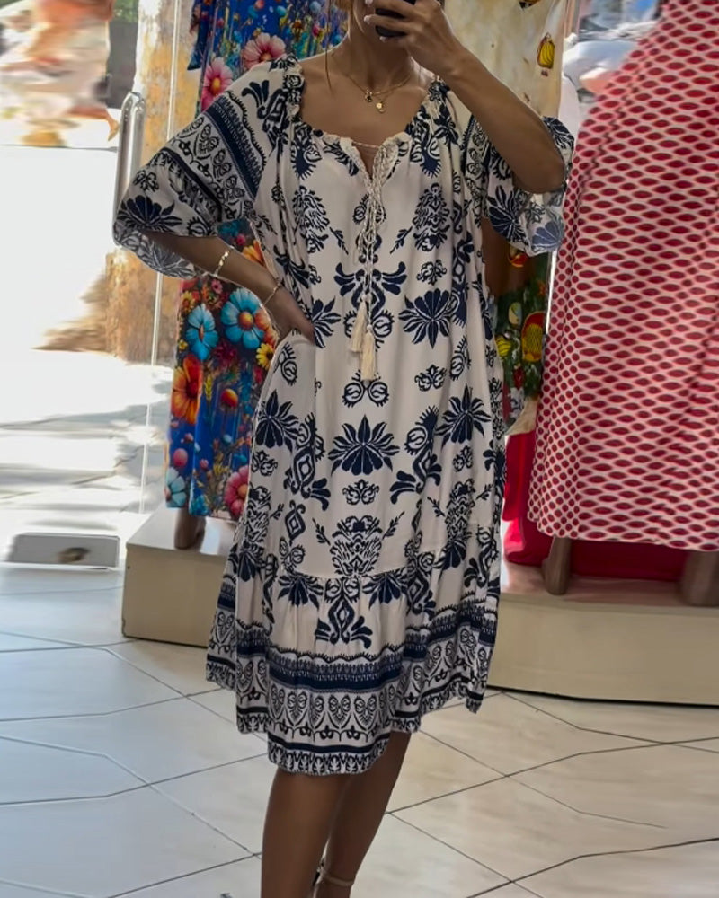 Robe Col Rond Imprimée Manches Courtes Trompette