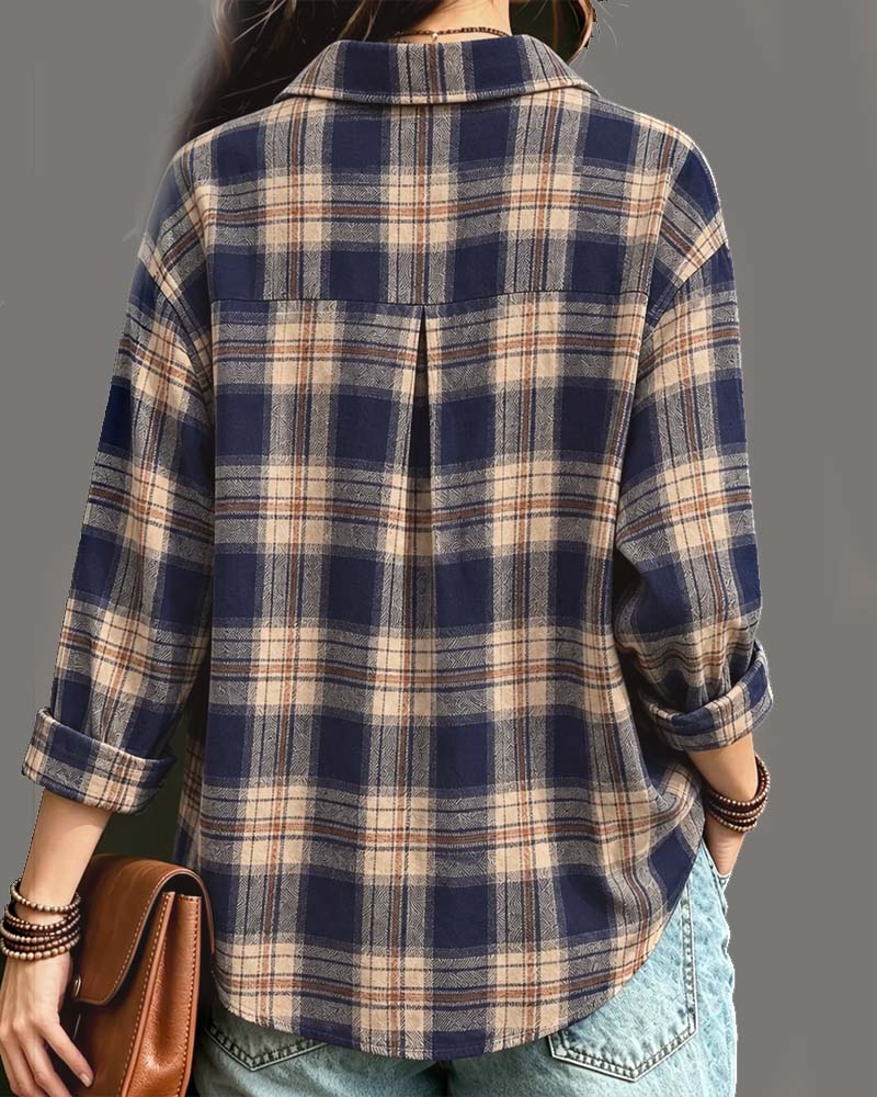 Blouse Col À Carreaux Manches Longues