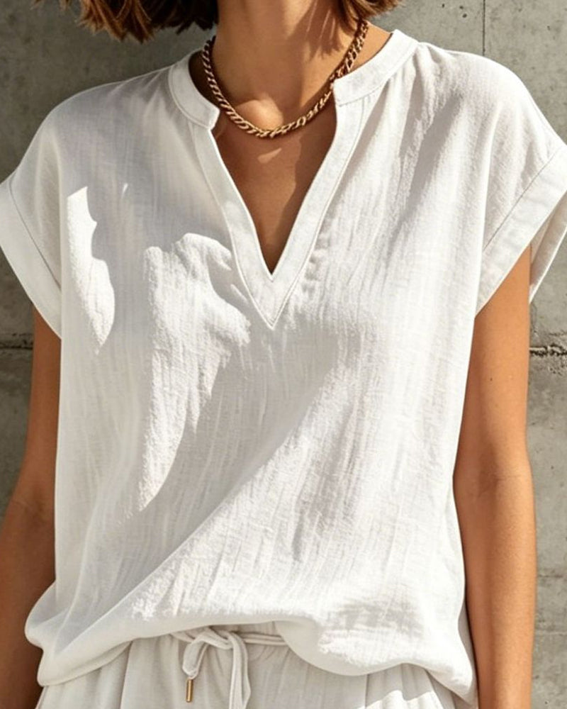 Set Haut Sans Manches Col V Avec Cordon Taille Élastique Pantalon