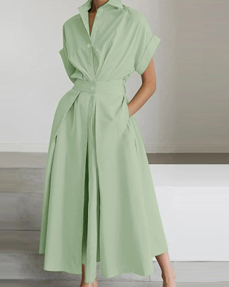 Robe A-Ligne Attache Taille Haute Bouton