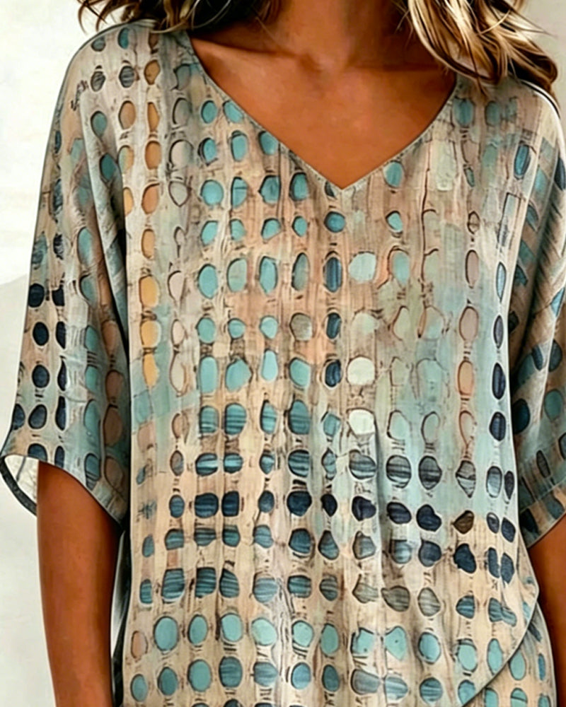 Blouse Col V Abstrait À Pois Imprimé Décontractée