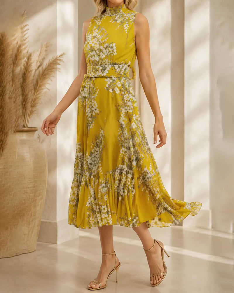 Robe Col Mock Sans Manches Cintrée Florale