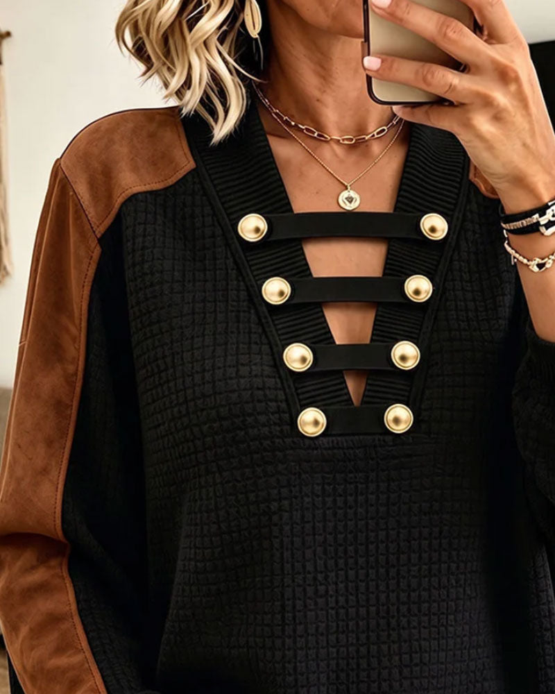 Top Col En V Bouton Bloc De Couleur