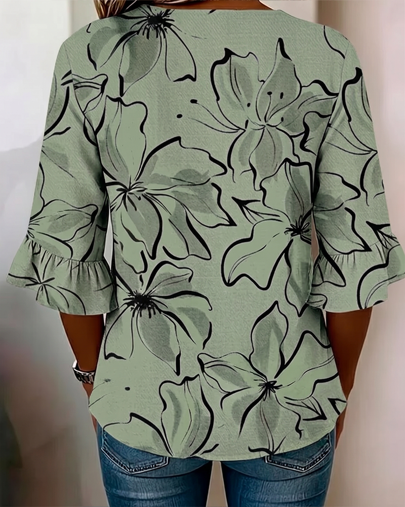 Blouse Col En V Fleuri Volant Manche 3/4