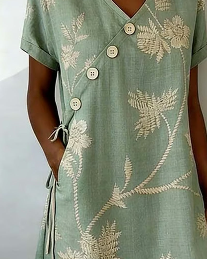 Robe Bouton Diagonal Imprimé Col V Midi
