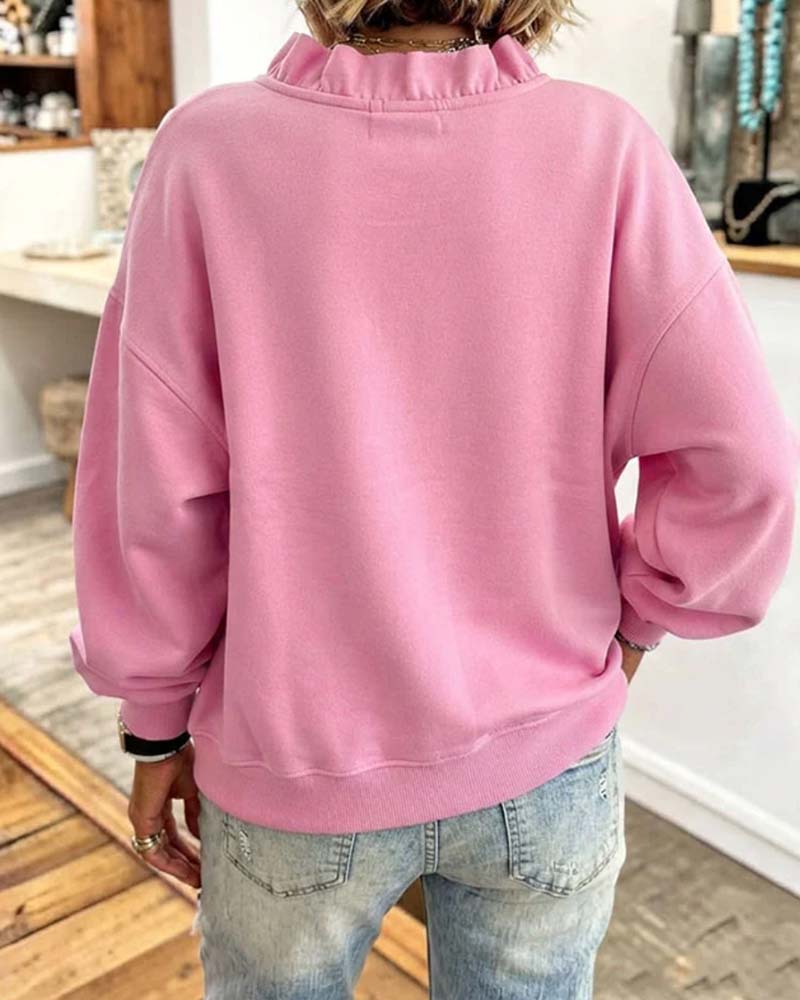 Sweatshirt Volant Col En V Épaule Tombante