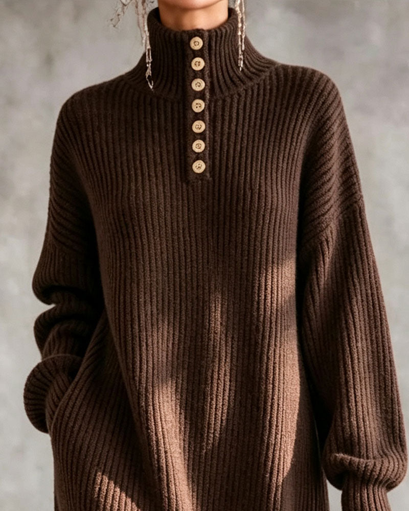 Robe Col Roulé Bouton Fente Longue