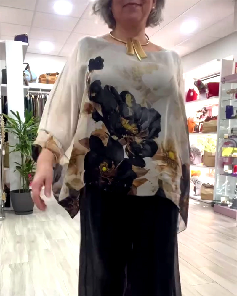 Blouse Manches Longues Irrégulière Imprimé Grandes Fleurs