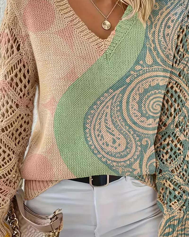 Pullover Bloc De Couleur Évidé Col En V Tricoté