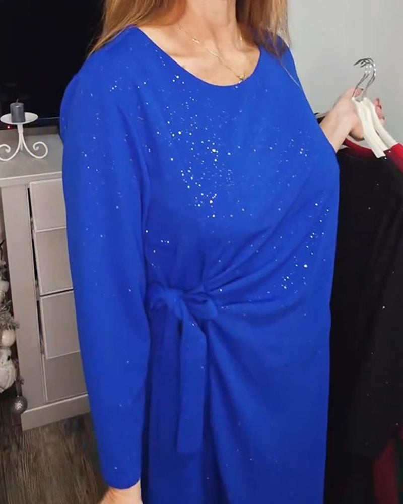 Robe Col Rond Manches Longues Ceinture Nouée