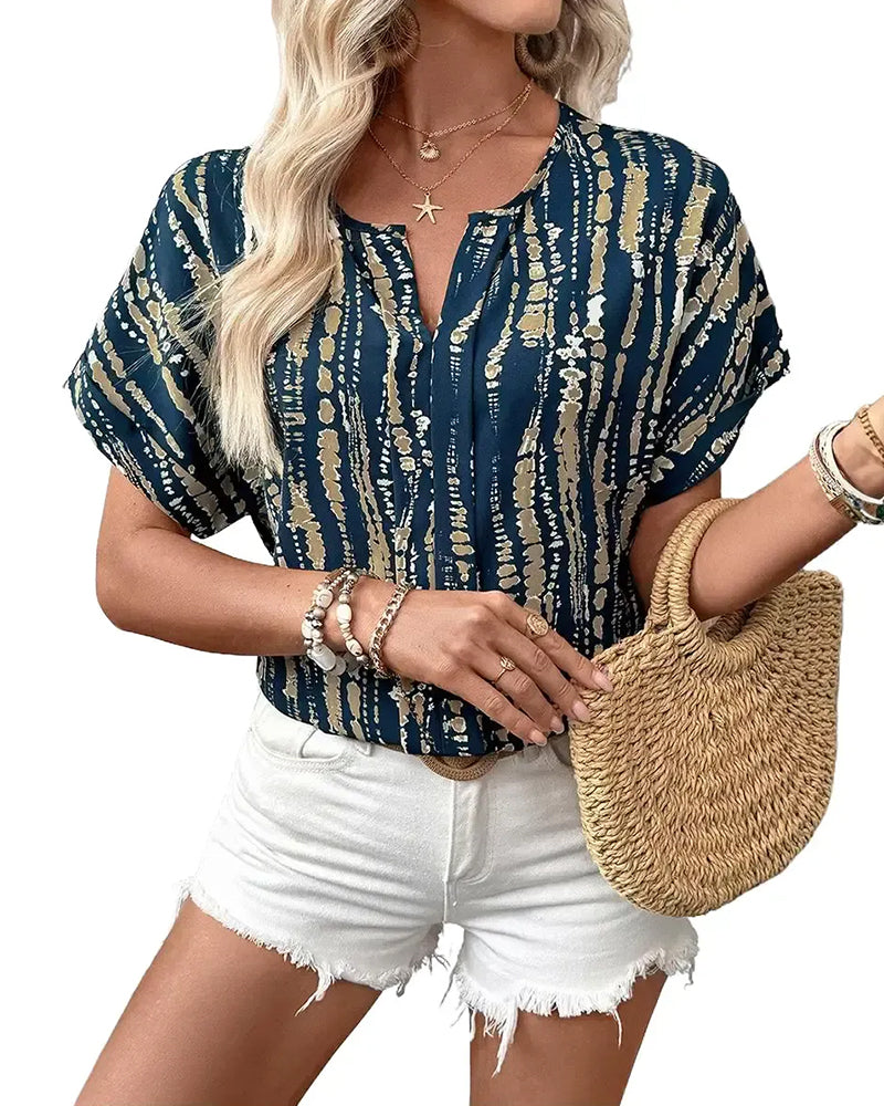 Blouse Tie-Dye Motif Rayure Verticale Manches Courtes
