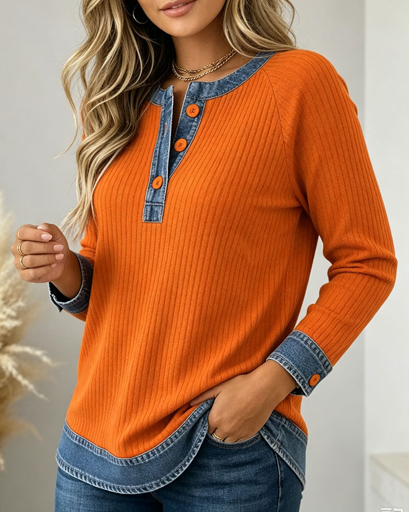 Haut Boutons Col Rond Emmanchure Denim Patchwork