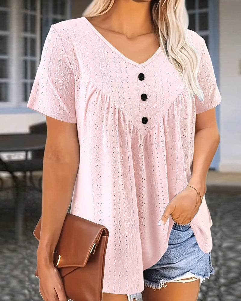 T-Shirt Casual Décolleté En V Évidé Manches Courtes