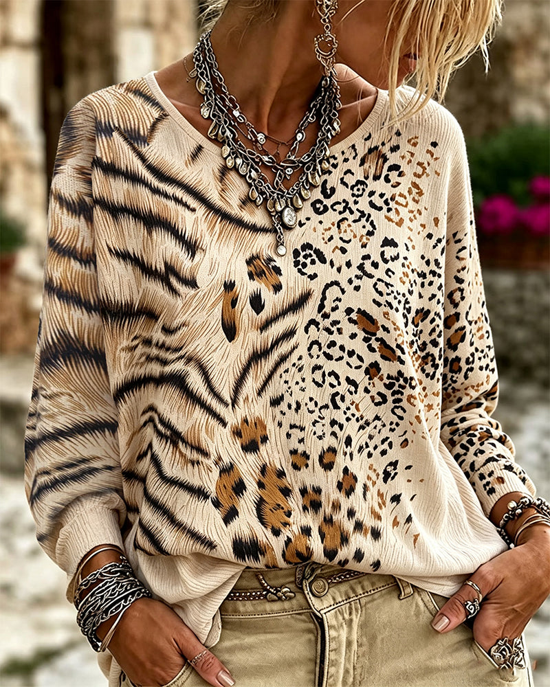 Blouse Col Rond Léopard Manche Longue