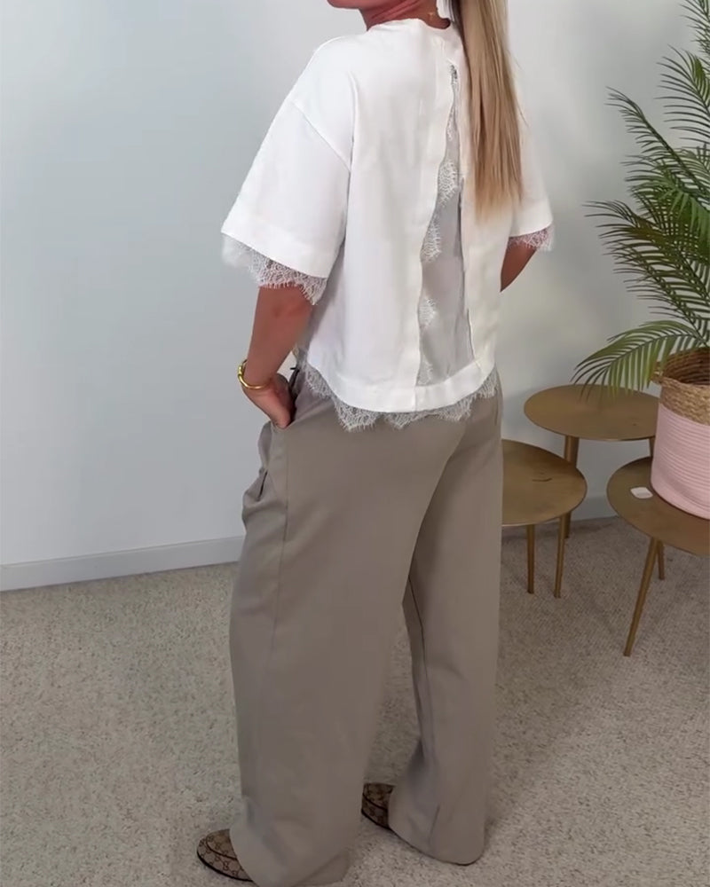 Blouse Dos Fente Dentelle Manche Courte