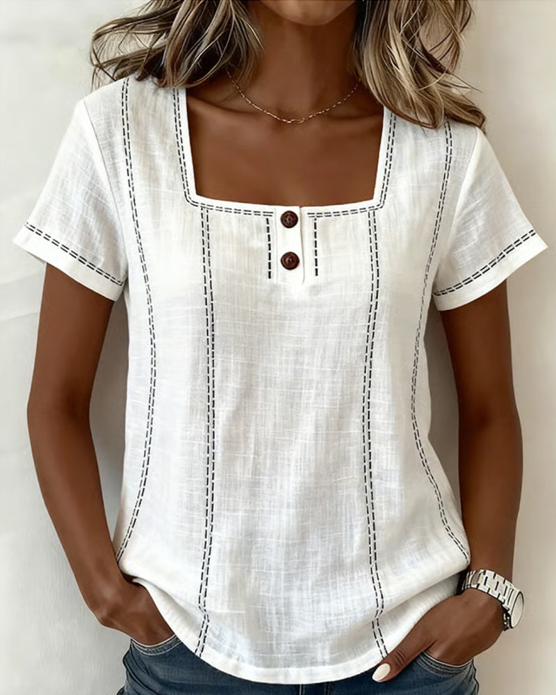 Blouse Petit Col Carré Uni Bouton