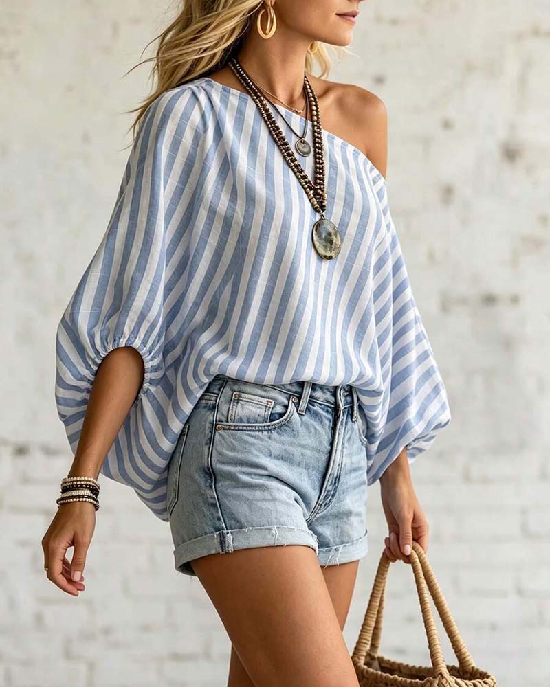 Blouse Col Asymétrique Rayure Manches Ballon