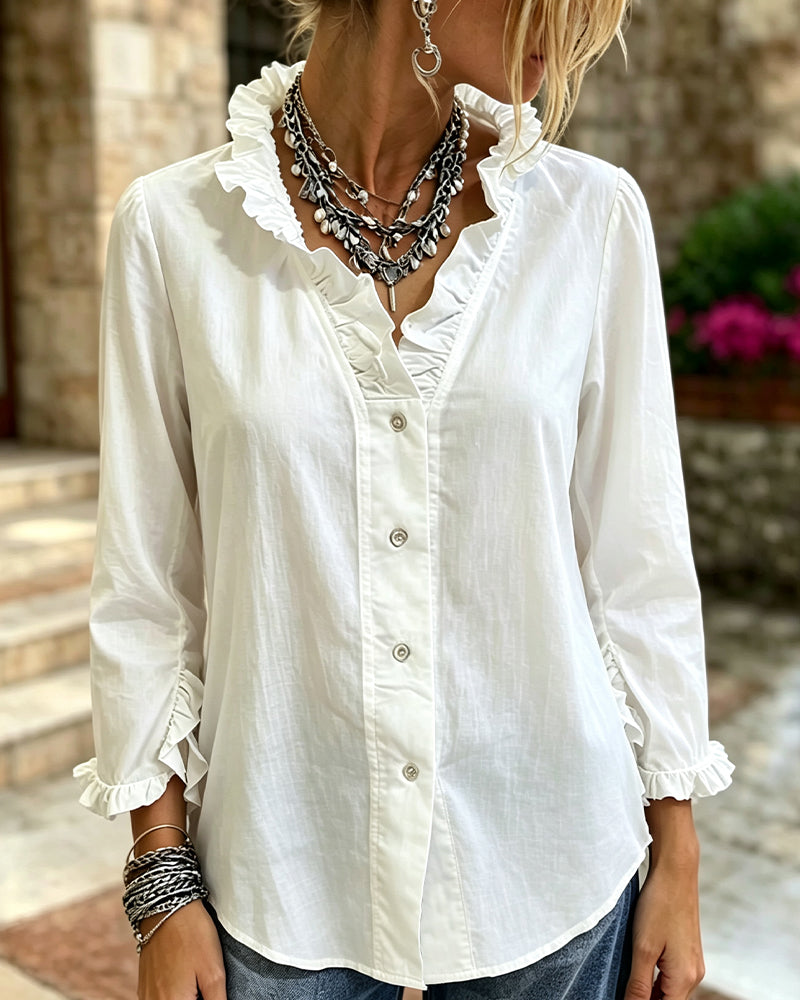Blouse Volant Garniture Bouton Unie Manche Longue