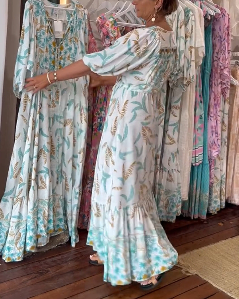 Robe longue femme col V imprimé feuilles