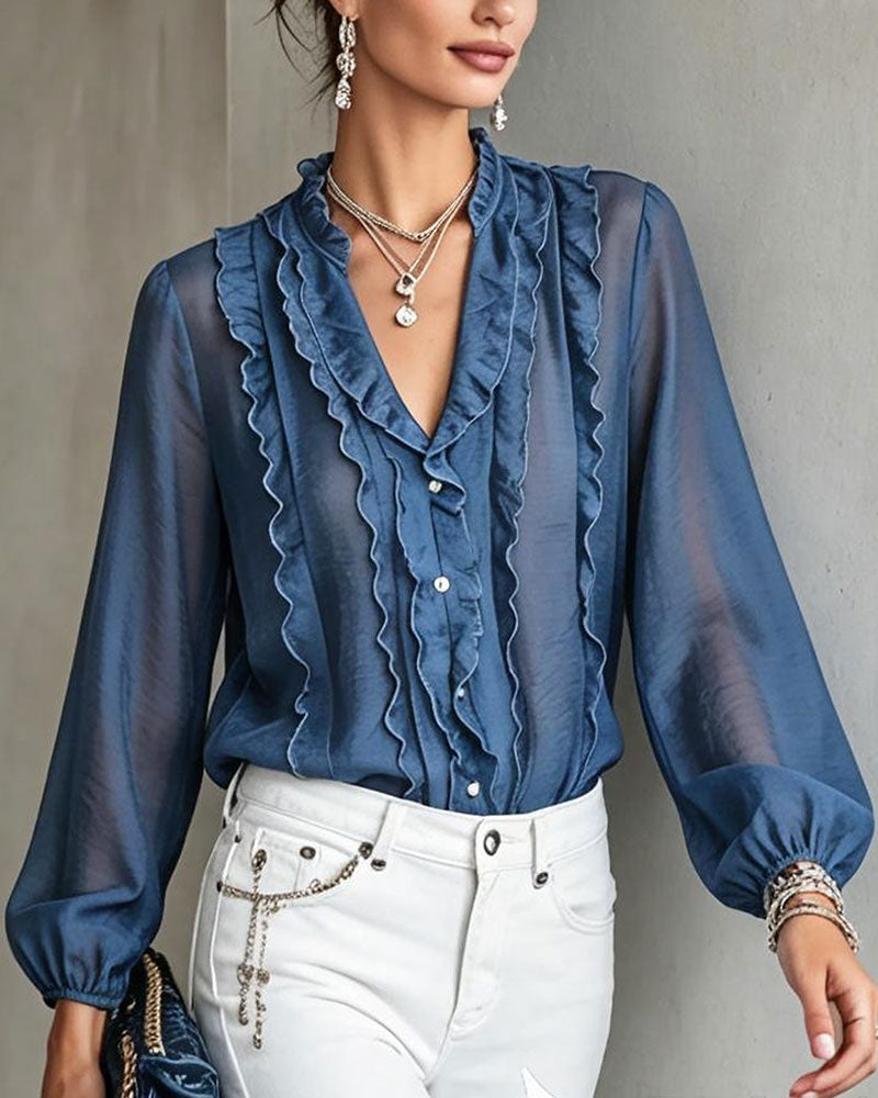 Blouse Col V Bouton Volant
