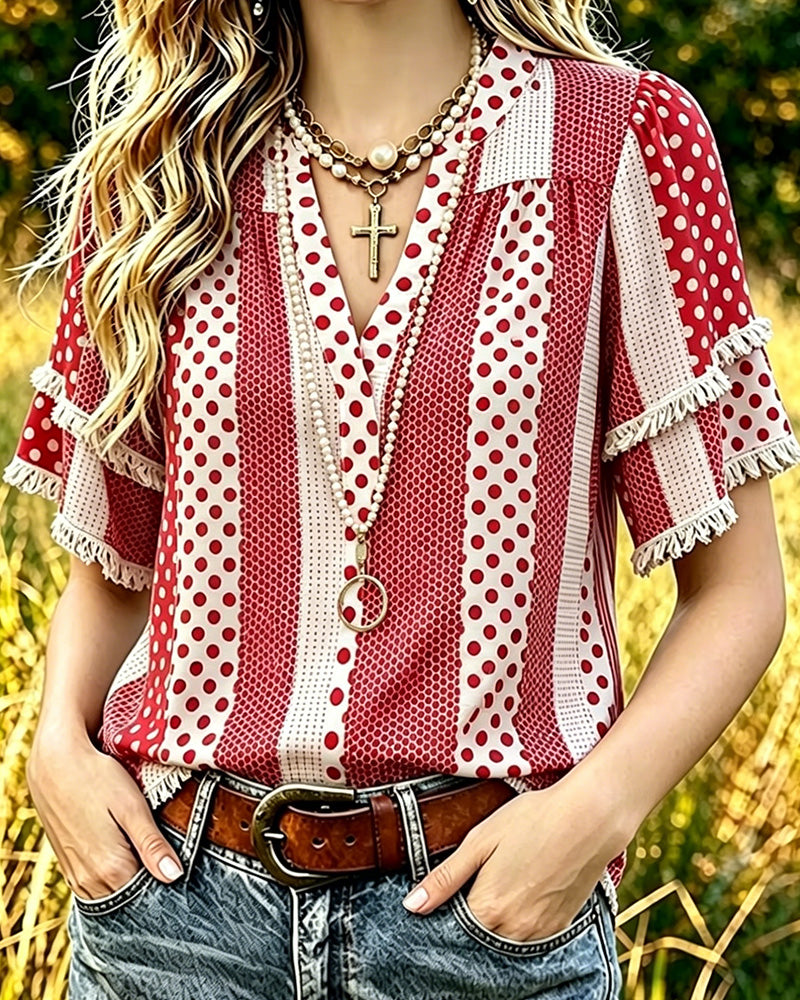 Blouse Col En V À Pois Frange Patchwork