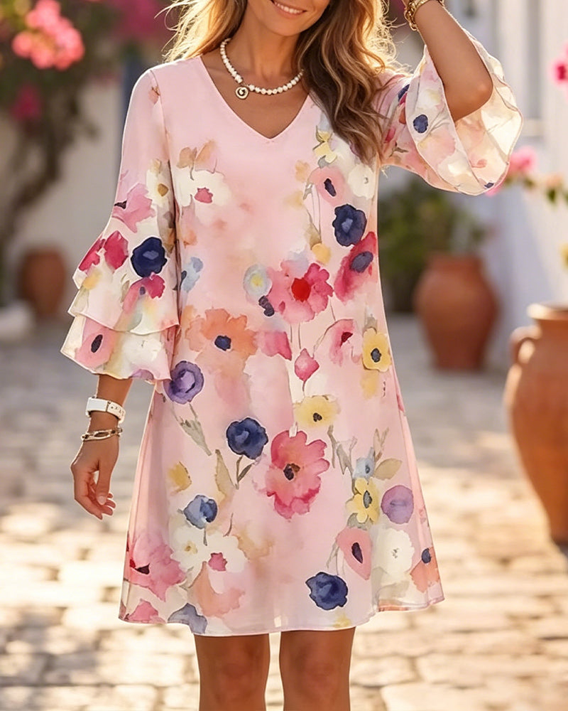 Robe Aquarelle Imprimé Manche Évasée Courte
