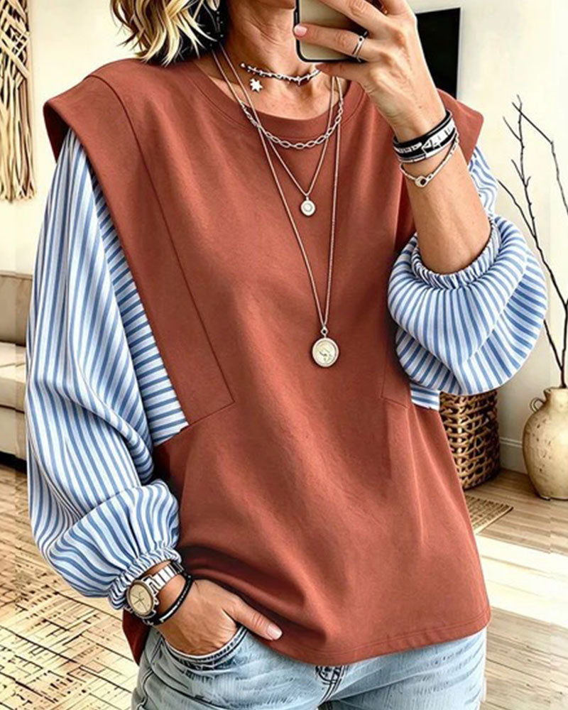 Sweatshirt Rayé Manche Longue Patchwork