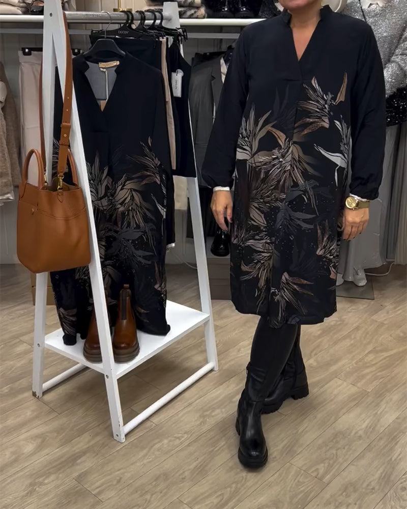 Robe Col V Imprimé Feuilles Manches Longues