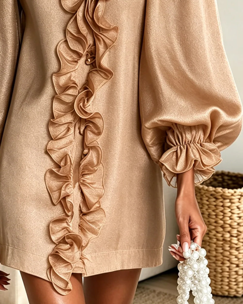 Robe Manche-Pouf Volant-Ornement Col-V